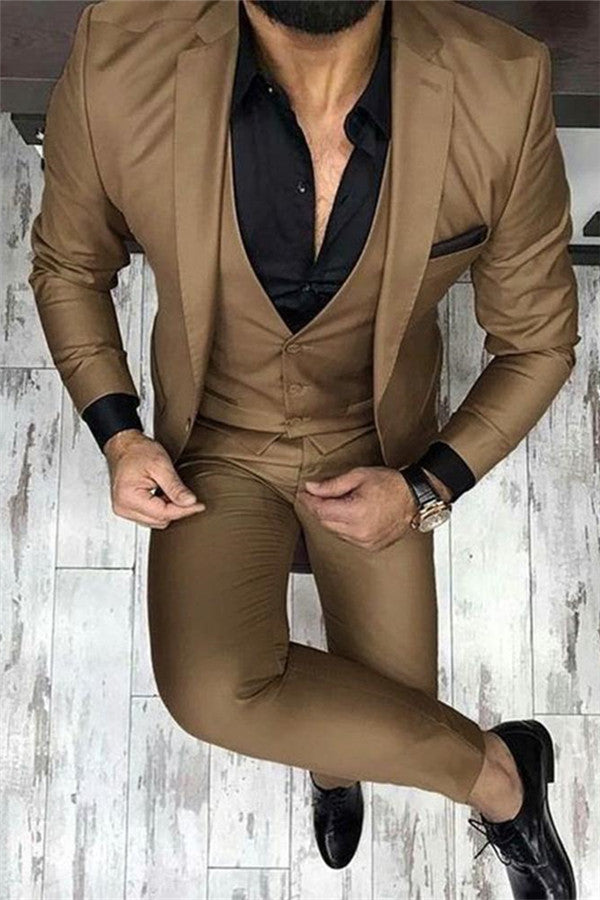 Newinlook Chocolate Brown Classic Business Three-Piece Prom Suit for Men