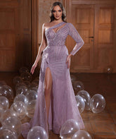 Newinlook Shallow Purple One Shoulder Long Sleeve Slit Mermaid Evening Dress With Sequins and Beadings