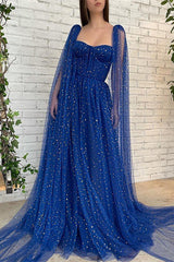 Newinlook Royal Blue Long Tulle Evening Dress Beads With Ruffles