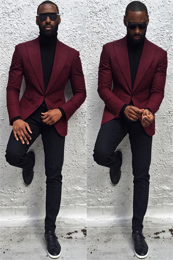 Newinlook Elegant Burgundy Classic Prom Suit with Peaked Lapel for Guys
