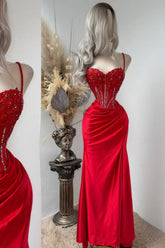 Newinlook Red Exquisite Spaghetti-Straps Embroidery Split Evening Dress