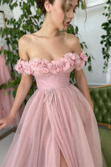 Newinlook Dusty Pink A-Line Slit Strapless Off-The-Shoulder Evening Dress With Tulle Appliques