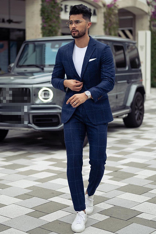 Newinlook Fashionable Dark Navy Prince Suit for Groom with Plaid Notched Lapel