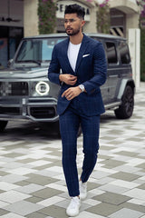 Newinlook Fashionable Dark Navy Prince Suit for Groom with Plaid Notched Lapel