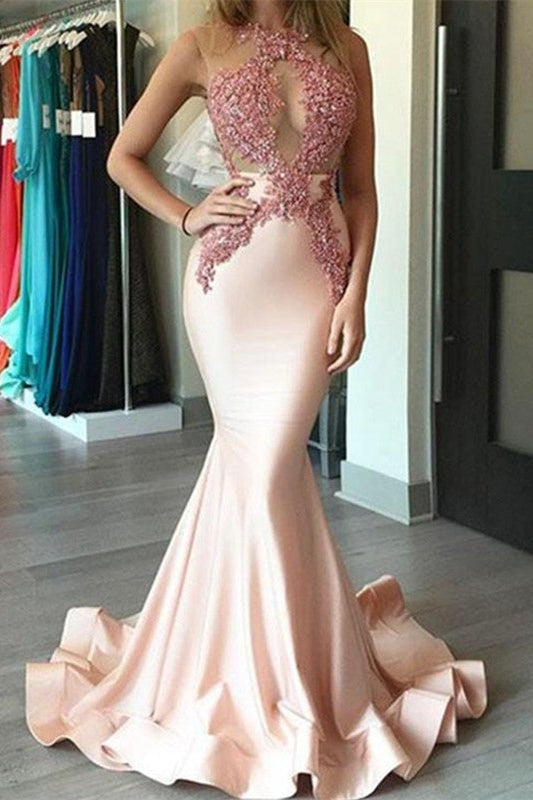 Newinlook Mermaid Pink Evening Dress With Lace Appliques