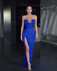 Strapless Sleeveless Long Mermaid Split Formal Dress With Sequins