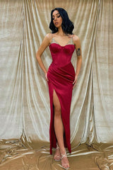Newinlook Spaghetti-Straps Burgundy Front Split Mermaid Evening Dress With Beadings