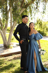 Newinlook Off-The-Shoulder Dusty Blue Puff Sleeves Evening Dress With Front Split Sweetheart