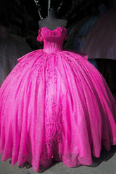 Fuchsia Ball Gown Off-Shoulder Sleeveless Quinceanera Dress with Beaded Appliques & Lace-Up Corset for Sweet 16 & Birthday Parties
