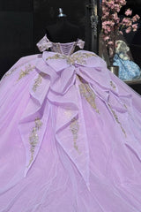 Gold-Sequined Lilac Ball Gown Off-Shoulder Sparkly Tulle Quinceanera & Sweet 16 Party Dress