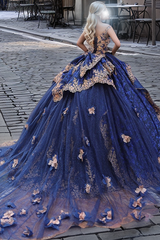 Navy Blue Ball Gown Off-Shoulder Sleeveless Gold Floral Applique Tiered Tulle Quinceanera & Evening Party Dress