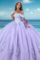 Off-Shoulder Purple Tulle Ball Gown with Glitter Appliques & Bow Detail Perfect for Quinceanera Sweet 16 and Formal Evening Events