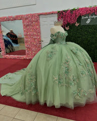 Mint Green Sequined Ball Gown Off-Shoulder Sleeveless Tulle Dress with 3D Flower Appliques & Bow Detail for Quinceanera Sweet 16 or Birthday Parties