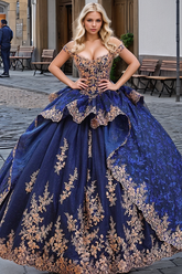 Navy Blue Ball Gown Off-Shoulder Sleeveless Gold Floral Applique Tiered Tulle Quinceanera & Evening Party Dress