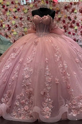 Off-Shoulder Ball Gown with 3D Floral Applique & Sparkly Tulle Perfect for Quinceanera Sweet 16 & Formal Events