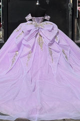 Gold-Sequined Lilac Ball Gown Off-Shoulder Sparkly Tulle Quinceanera & Sweet 16 Party Dress