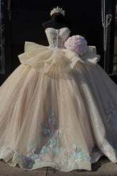 Champagne Quinceanera Dress Strapless Tiered Tulle Gown with 3D Floral Appliques & Lace-Up Detail for Sweet 16 & Birthday Parties