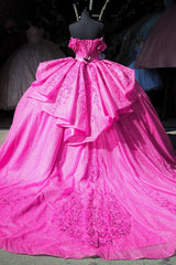 Fuchsia Ball Gown Off-Shoulder Sleeveless Quinceanera Dress with Beaded Appliques & Lace-Up Corset for Sweet 16 & Birthday Parties