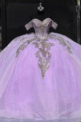 Gold-Sequined Lilac Ball Gown Off-Shoulder Sparkly Tulle Quinceanera & Sweet 16 Party Dress