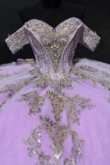 Gold-Sequined Lilac Ball Gown Off-Shoulder Sparkly Tulle Quinceanera & Sweet 16 Party Dress