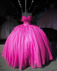 Fuchsia Ball Gown Off-Shoulder Sleeveless Quinceanera Dress with Beaded Appliques & Lace-Up Corset for Sweet 16 & Birthday Parties