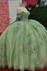 Mint Green Sequined Ball Gown Off-Shoulder Sleeveless Tulle Dress with 3D Flower Appliques & Bow Detail for Quinceanera Sweet 16 or Birthday Parties