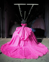 Fuchsia Ball Gown Off-Shoulder Sleeveless Quinceanera Dress with Beaded Appliques & Lace-Up Corset for Sweet 16 & Birthday Parties