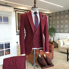 Newinlook Stylish Dark Red Three-Piece Groom and Groomsmen Suit with Peaked Lapel
