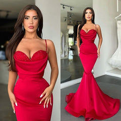 Mermaid Red Spaghetti Strap Sleeveless Sweetheart Formal Dress With Sequins