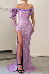 Newinlook Purple One Shoulder Mermaid Slit Evening Dress Sequins With Long Sleeve