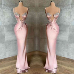Newinlook Sexy Dusty Pink Spaghetti Straps Deep V Neck Mermaid Evening Dress With Chic Appliques