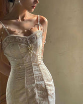 Sweetheart Spaghetti Strap Embroidery Champagne Pearl Mermaid Formal Dress