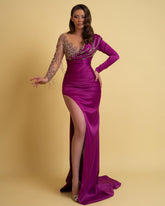 Newinlook Elegant Purple Long Sleeves Satin Evening Dress Ball Gown With Beaded