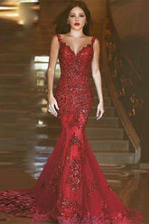 Newinlook Burgundy Mermaid Lace Appliques Evening Dress