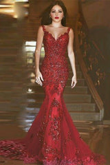 Newinlook Burgundy Mermaid Lace Appliques Evening Dress