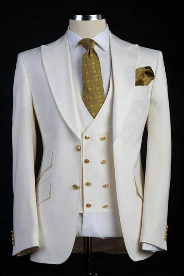 Newinlook Popular Three-Piece White Wedding Suit with Gold Buttons for Men's Events