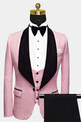 Newinlook Black Lapel Wedding Suit - 3 Piece with Pink Jacquard for Men