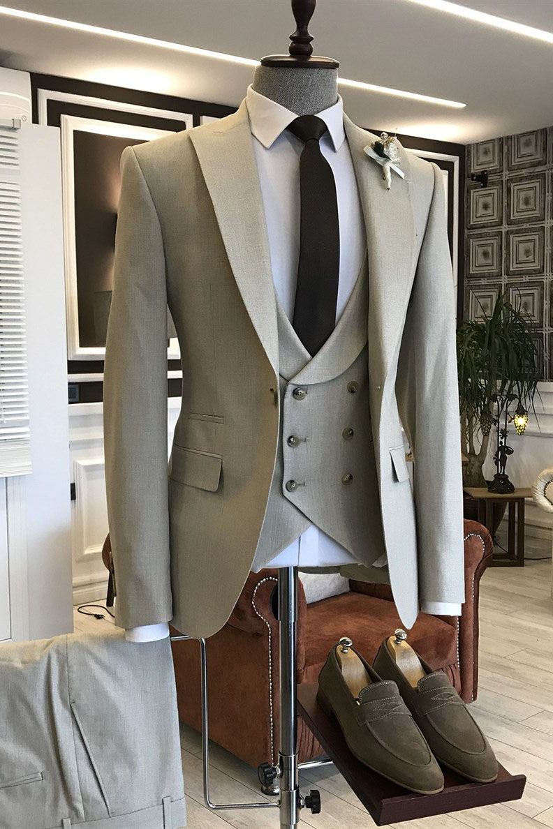 Newinlook Light Brown Double-Breasted Three-Piece Wedding Suit for Groom