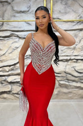 Newinlook Red Gorgeous Gemstone Mermaid Evening Dress