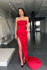 Newinlook Red Strapless Mermaid Charmeuse Evening Dress Split