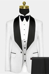 Newinlook Gentle White Jacquard Wedding Suit with Black Satin Lapel for Men 2024