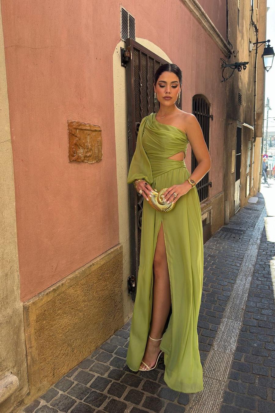 Tulle One Shoulder Long Sleeve Long Formal Dress With Front Split