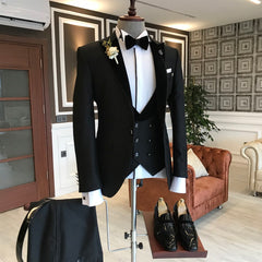 Newinlook Three-Piece Black Summer Wedding Suit for Groom with Peaked Lapel