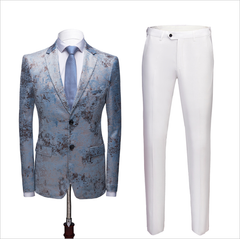 Newinlook Blue Notched Lapel Wedding Suit with White Pants for Men’s Events