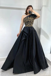 Newinlook Gorgeous Sleeveless Beadings Black Strapless Evening Dress With One Shoulder Slit