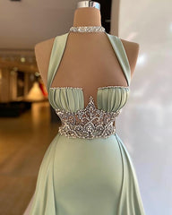 Newinlook Elegant Straps Square Sage Green Mermaid Evening Dress With Beads