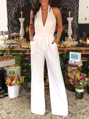 Newinlook Elegant White Halter V-Neck Wide-Leg Long Jump Suit