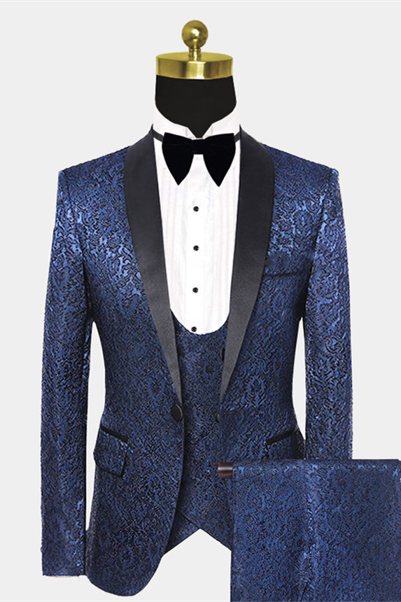 Newinlook Fashionable Damask Floral Dark Navy Summer Wedding Suit with Black Satin Lapel