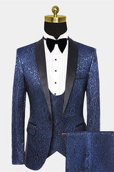 Newinlook Fashionable Damask Floral Dark Navy Summer Wedding Suit with Black Satin Lapel