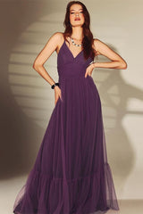 Newinlook V-Neck Shine Spaghetti-Straps Evening Dress Dark Purple